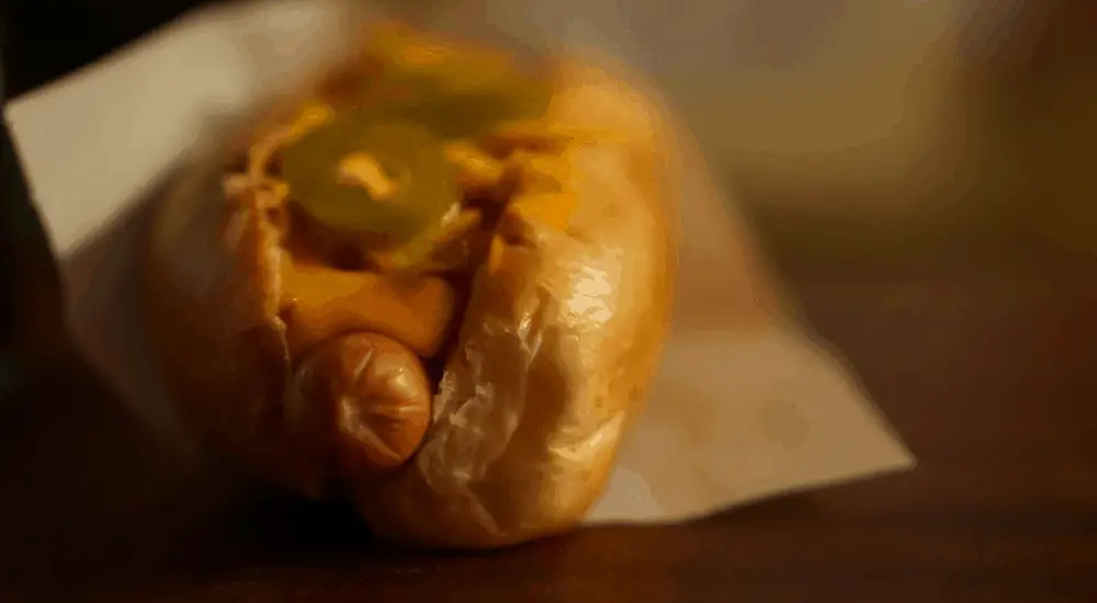 hot dog with cheese and chili at the beard brothers in Leipzig, Germany