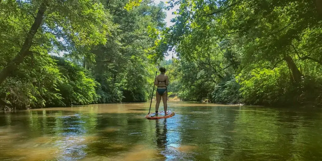 Stand up paddle boarding down the River with Wai Mauna Asheville SUP Tours in Asheville, NC