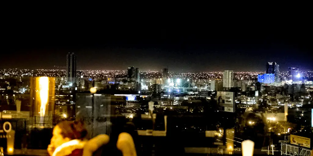 A view from a restaurant at night at Cero de la paz in Puebla, Mexico