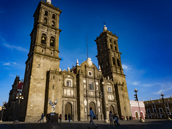 The Cathedral in Puebla, Mexico on a sunny day with blue skies