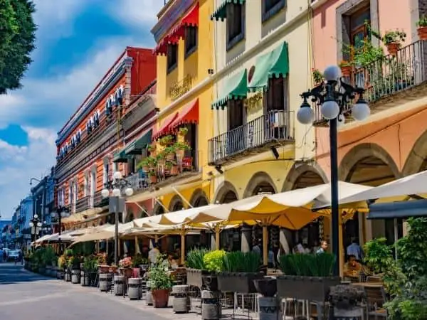 The colorful buildings that line the Zocalo in Puebla, Mexico
