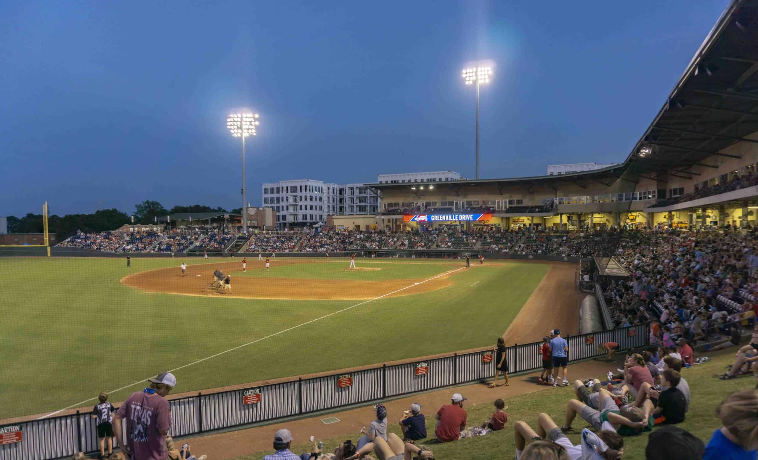 Greenville Drive Baseball Stadium at night