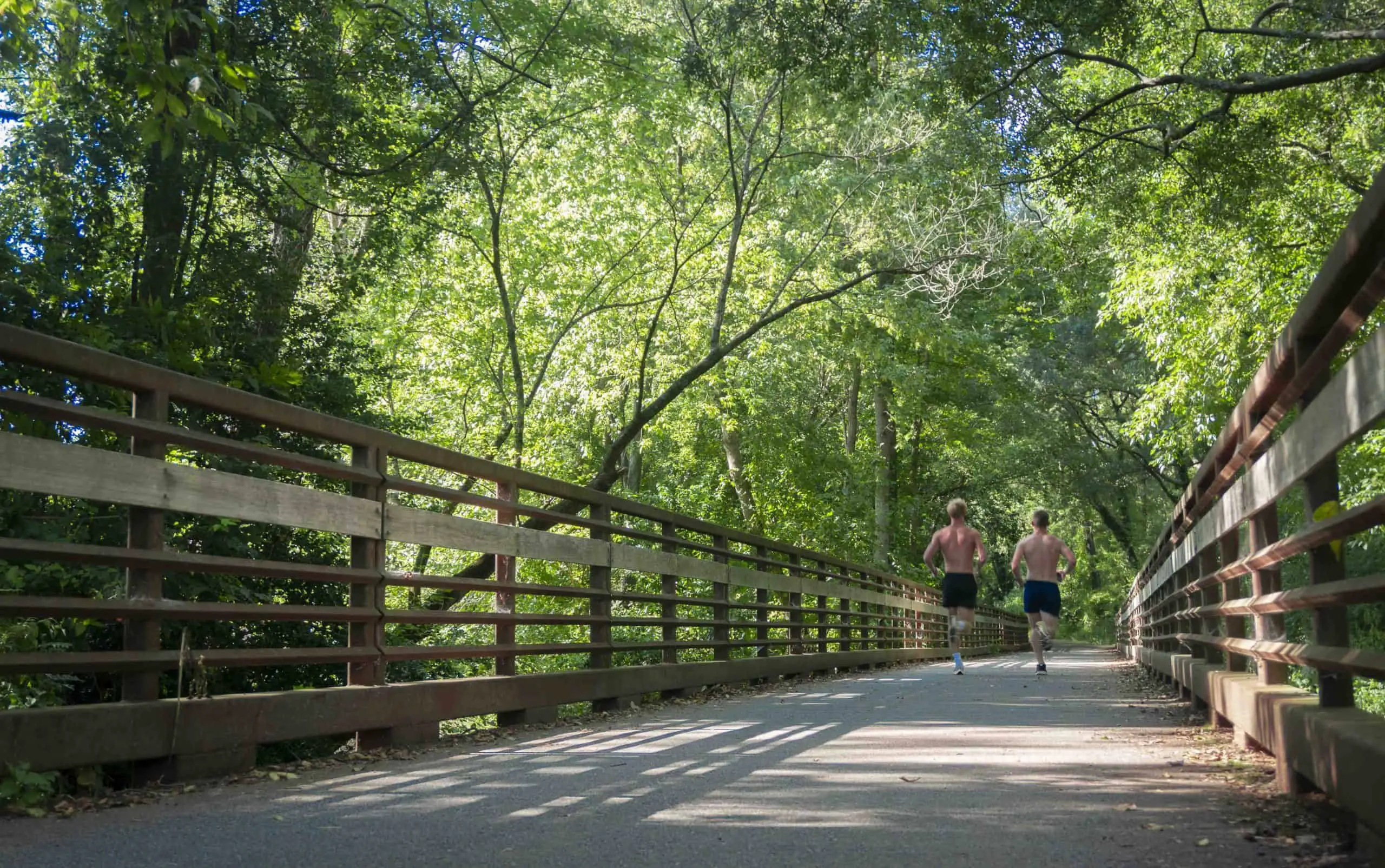 two guys running on the Swamp Rabbit Trail in Greenville, SC